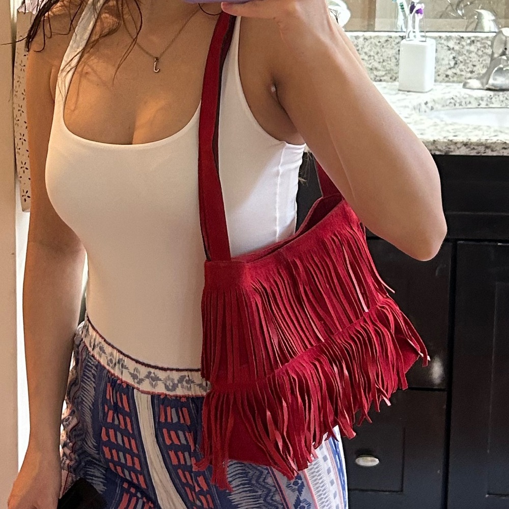 No brand red fringe bag faux suede